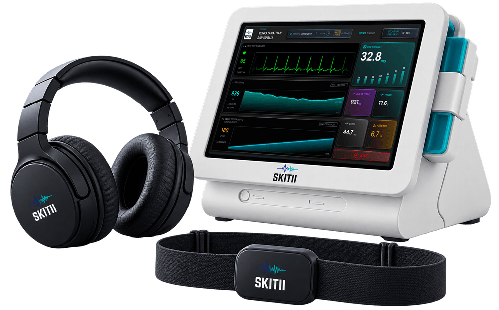 Skitii anxiety therapy device set with headphones, bedside monitor and heart rate chest strap
